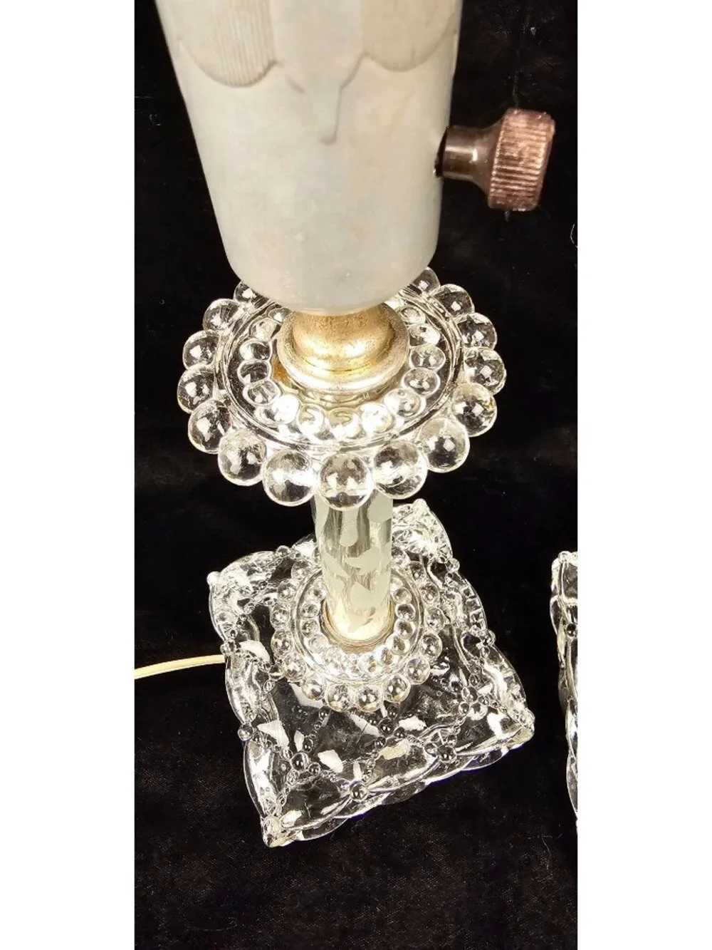 Vintage Pair Of Berwick Crystal Table Lamps With Etched Glass Columns & Candlewi